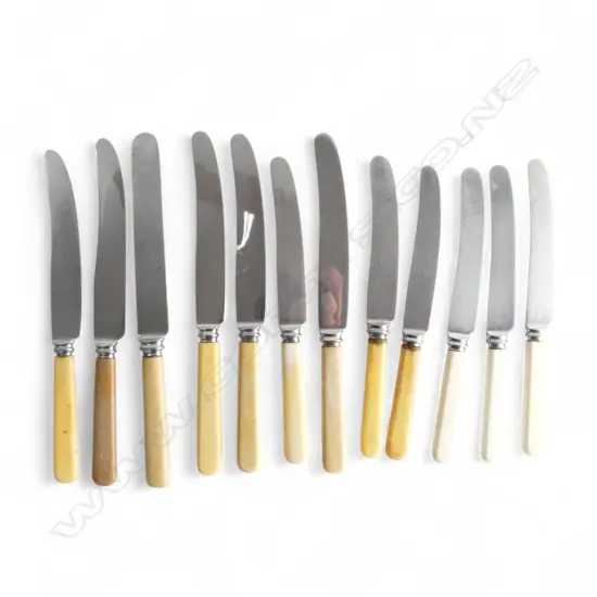 12 IVORINE 'BONE' HANDLED KNIVES, WORN L.245mm
