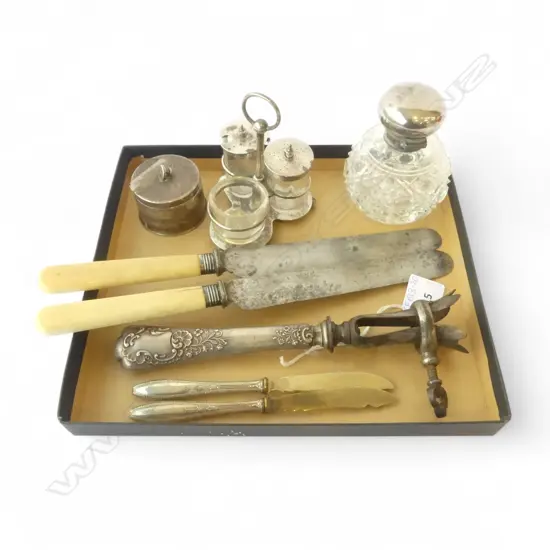 ASST. STG SILVER COLLAR CUTLERY, SILVER CAPPED CUT CRYSTAL BOTTLE & SCOTTISH SILVER CRUET SET etc