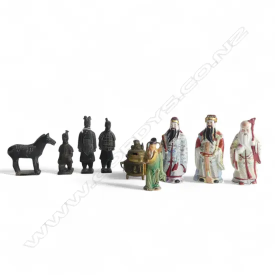 4 CHINESE TERRACOTTA WARRIOR ORNAMENTS, BRASS CENSOR + 4 CHINESE FIGURES H.180mm faults