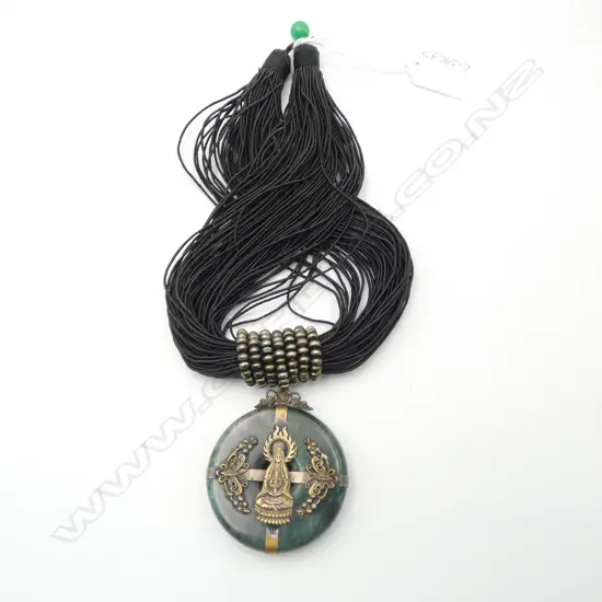 VINTAGE JADE AND PLATED KUAN YIN PENDANT ON MULTIPLE CORDS