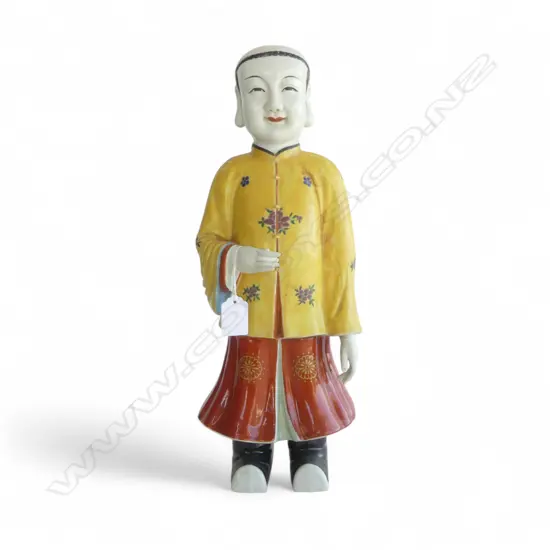 CHINESE PORCELAIN STANDING BOY FIGURE in traditional robes & yellow jacket H.435mm