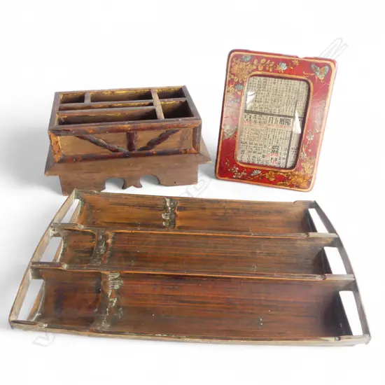 3 ORIENTAL ITEMS, PHOTO FRAME, WOODEN CONTAINER, BAMBOO TRAY 415x265mm