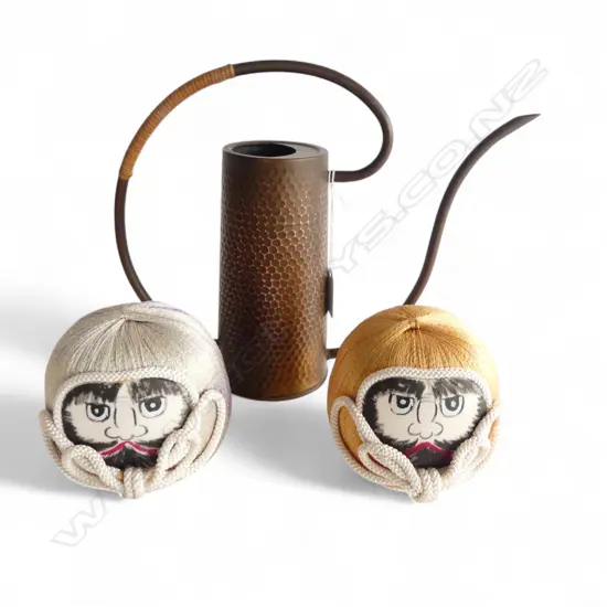 MID CENTURY JAPANESE BONSAI WATERING CAN & 2 SILK DARUMA HEADS (symbol of good luck)
