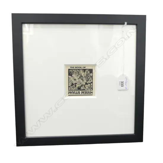 HILDA WISEMAN 'Bookplate for Phyllis Perrin' 1945 coloured woodblock 60 x 55mm (housed in contemporary black frame)