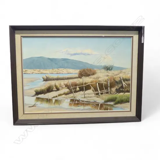 JOHN McCORMICK 'LOW WATER - WAIKANAE RIVER MOUTH' ACRYLIC ON CANVAS BOARD 415x600mm