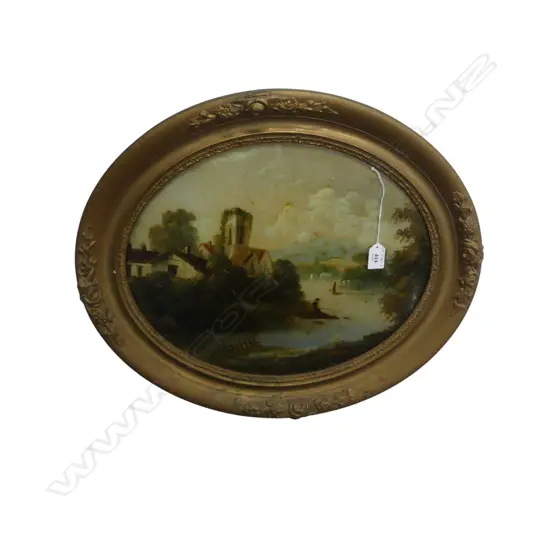 OLD EUROPEAN RIVER SCENE, CONVEX GLASS, GILT FRAMED