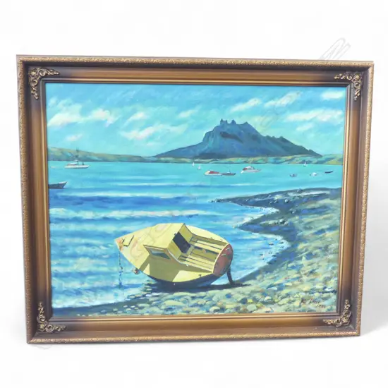 K INUI, OIL on CANVAS, DINGY on the BEACH, SIGNED 1983, 400 x 480mm