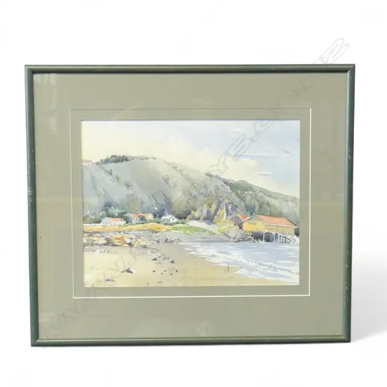 MAUNSELL JULIAN SIGNED W/C "HOUSES ON BEACH" ,250 X 320MM