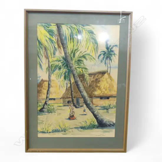 MARIA FRANCIS (MARY) CEBALO ERCEG (NZ 1924-2024) 'MANA ISLAND FIJI VILLAGE SCENE' WC 1976 580x400mm