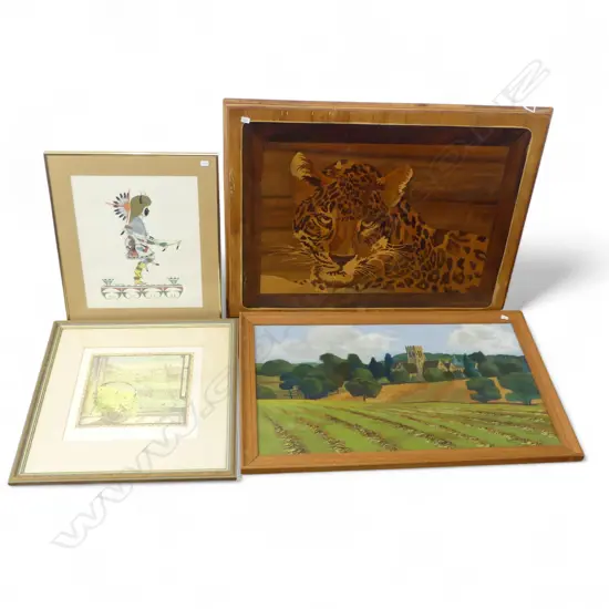 FOUR FRAMED WORKS INCLUDING PRINT by PAUL GILBERTY, MARQUETRY LEOPARD etc