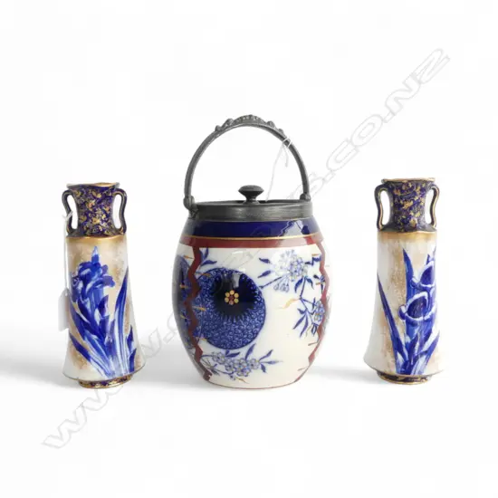 ROYAL DOULTON BISCUIT BARREL  + 2 VASES H.180mm repair to handle