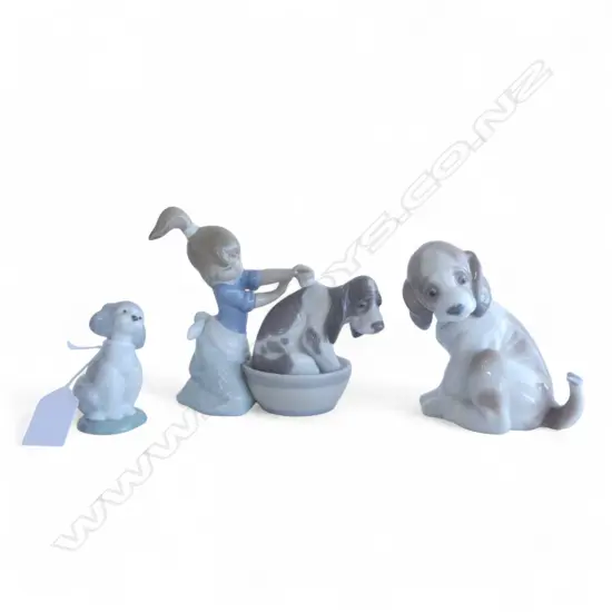 3 LLADRO: #5455 'BASHFUL BATHER' H.125mm, #6210 'GENTLE SURPRISE' & DOG