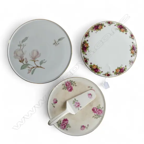 3 FANCY CHINA CAKE PLATES + INCLUDING RA OLD COUNTRY ROSES & CAKE SLICE