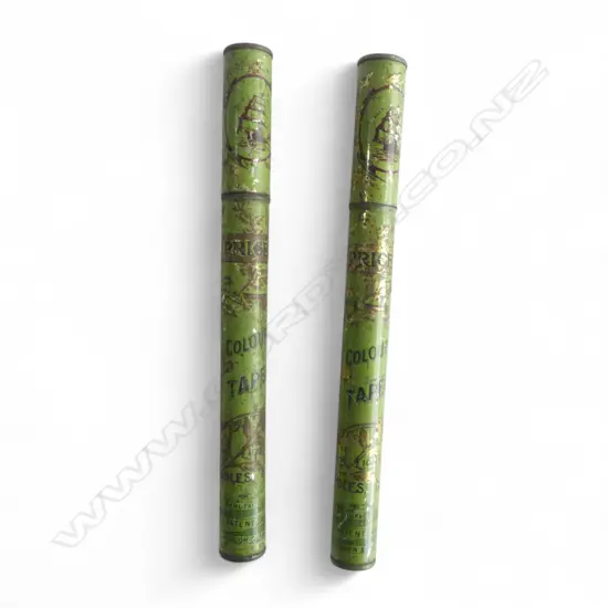 PAIR ANTIQUE ‘PRICE’S’ WAX TAPERS TINS FOR LIGHTING CANDLES GAS, L.310MM 