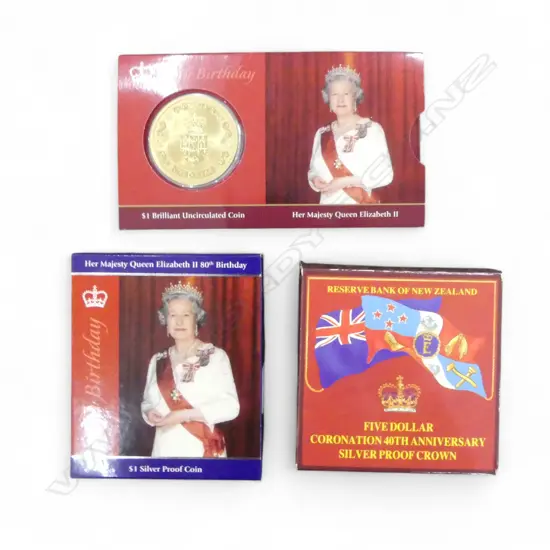 2 NZ SILVER PROOF COINS, BOXED (31gms PURE SILVER, 38gms 925) + $1 QEII 80th BDAY COIN