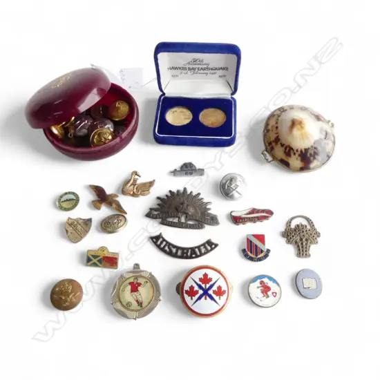 ASST. BADGES & BUTTONS + GILDED HALF PENNY & SHELL TRINKET BOX
