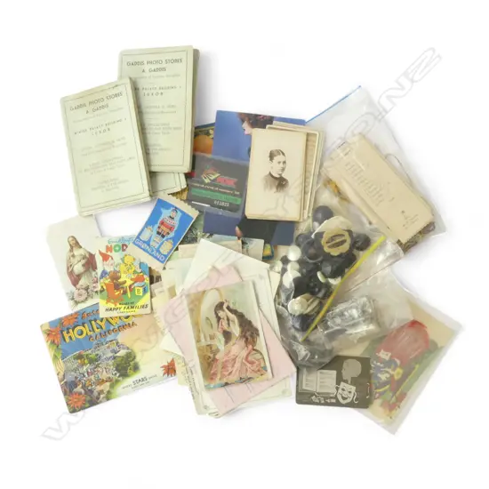 POSTCARDS, BUTTONS ETC