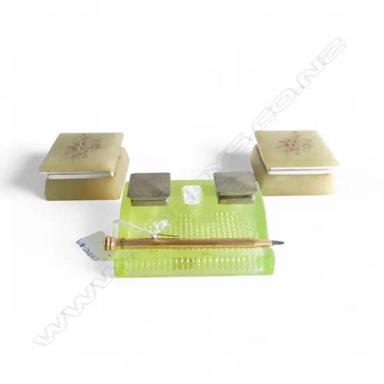 VINTAGE GLASS DESK STAND W.115mm, ROLLED GOLD PROPELLING PENCIL + 2 OTHERS