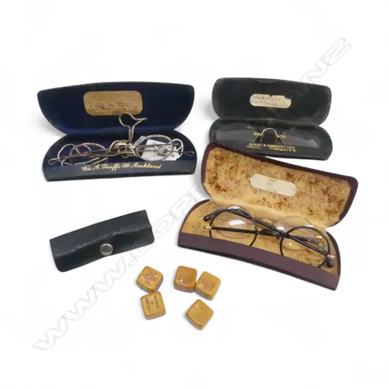 3 PRS VINTAGE SPECTACLES, OTHER PR & GAMING DICE 