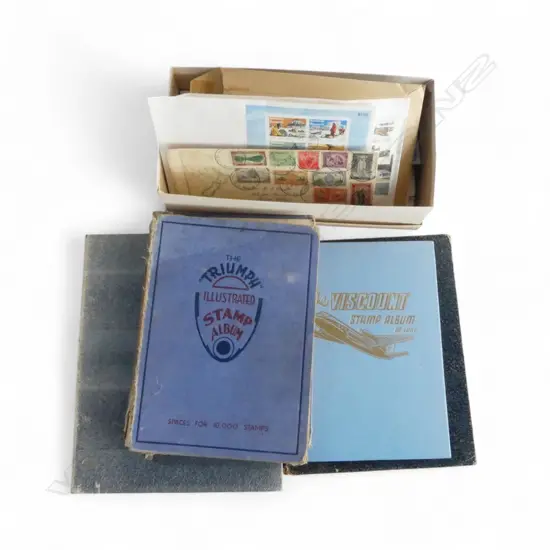 4 STAMP ALBUMS + BOX FIRST DAY COVERS ETC
