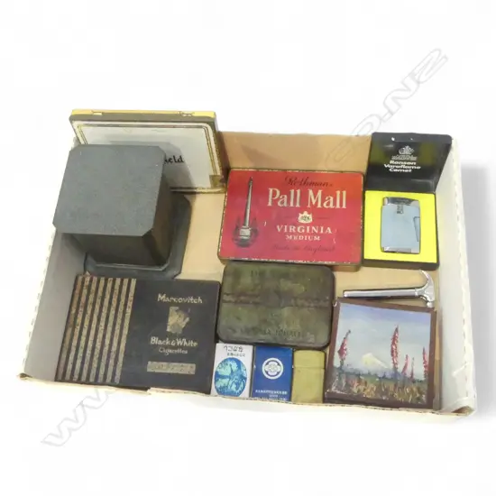 TRAY OF SMOKERS MEMORABILIA LIGHTERS TINS HOLDERS ETC