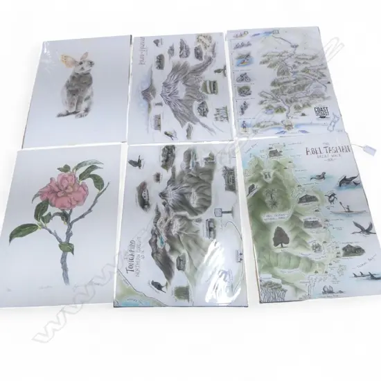 6 ART PRINTS; 4 GAMBLE FLINT NZ TRAMPING ILLUSTRATIONS 420x300mm, LAYLA WALTERS CAMELLIA 17/80, OLIVIA BEZETT BUNNY
