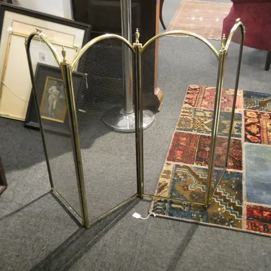 VINTAGE BRASS & MESH 4-PANEL FIRE GUARD SURROUND, H.815MM, L.1300MM