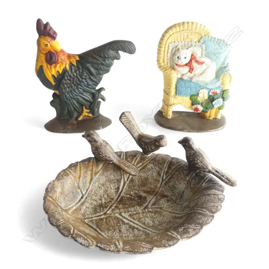 3 PCES CAST IRON; 2 DOOR STOPS + BIRD BATH W.255mm