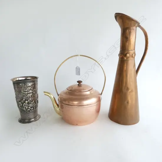 COPPER KETTLE & JUG H.385mm + DANISH SILVER PLATE VASE H.165mm