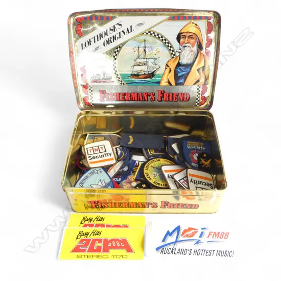 ASST. VINTAGE PATCHES Incl. AUCKLAND, WAIOURU, etc IN FIISHERMANS FRIEND TIN 360x250x110mm