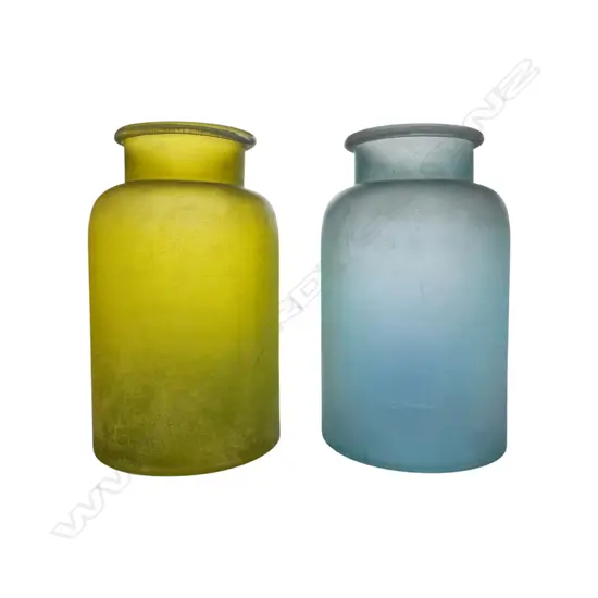 FROSTED BLUE AND YELLOW GLASS BOTTLE VASES 340 x 200 mm