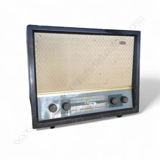 MID-CENTURY CLIPPER MANTEL RADIO, WORKING, L400mm