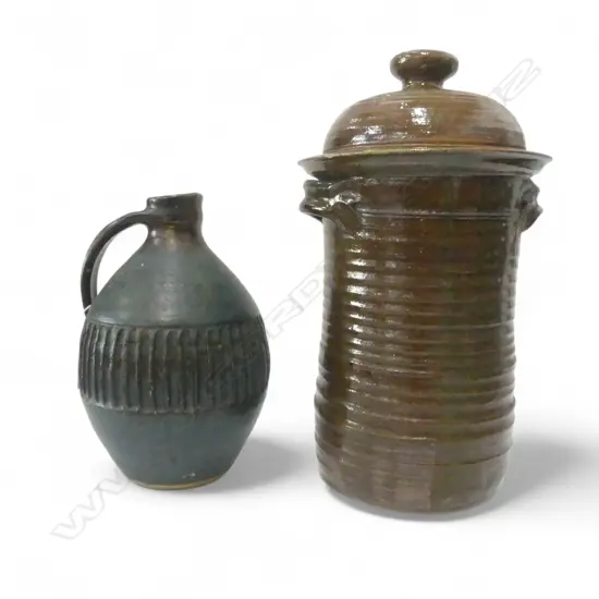 LARGE STUDIO POTTERY LIDDED JAR H350 SMALL FRITS & STUDIO POTTERY DECANTER H230MM