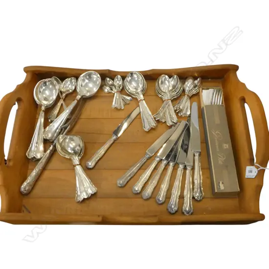 NATIVE WOODS GALLERY TRAY L580MM & COLLECTION OF EP CUTLERY