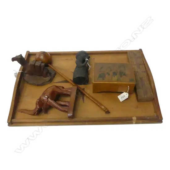 NZ NATIVEWOODS GALLERY TRAY L500MMW330MM & 6 CARVED WOOD COLLECTABLES