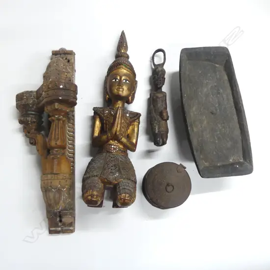 5 ETHNIC WOOD CARVED PCS 2 FIGURES CANDLE HOLDER DISH & LIDDED JAR