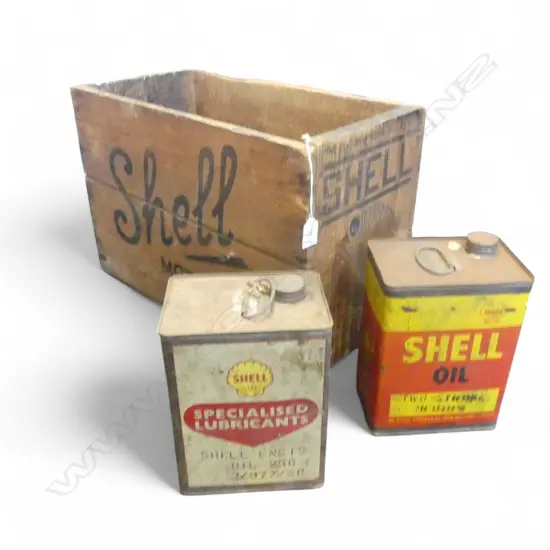 VINTAGE SHELL OIL CRATE W.535mm + 2 SHELL TINS