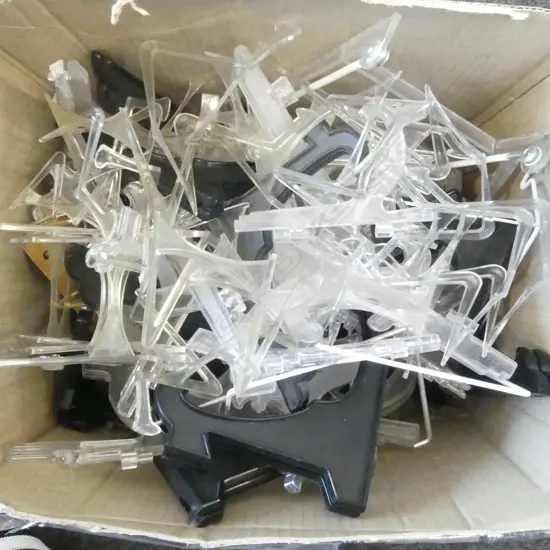 BOX OF PLATE STANDS