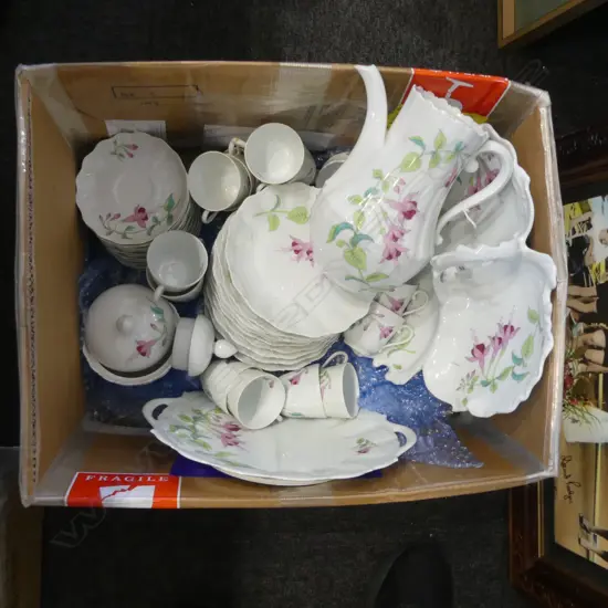 LIMOGES PORCELAIN COFFEE SET 'FUCHSIA' - coffee pot cream and sugar/13 cups & saucers/12 cake plates/2 large cake plates