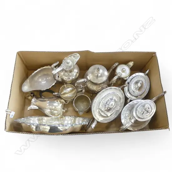 BOX of SILVER PLATE: TEA & COFFEE SERVICE + EWER + TEA SET + JUGS ETC