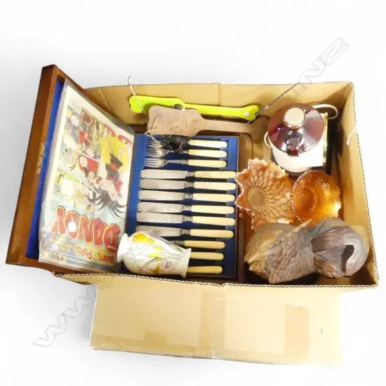 ASST. VINTAGE; FISH CUTLERY SET w  IVORINE HANDLES, CARNIVAL GLASS, CARVED ROOSTER ETC