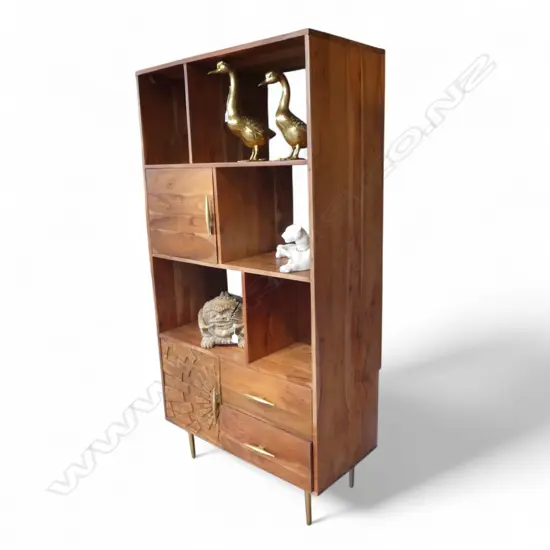 RETRO TEAK DISPLAY UNIT WITH GOLD METAL FEET & HANDLES H1770 W900MM