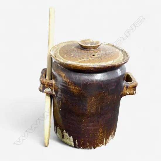 LARGE STUDIO POTTERY SOUR KRUAT MAKERS LIDDED JAR H460MM WITH WOOD STIRRER