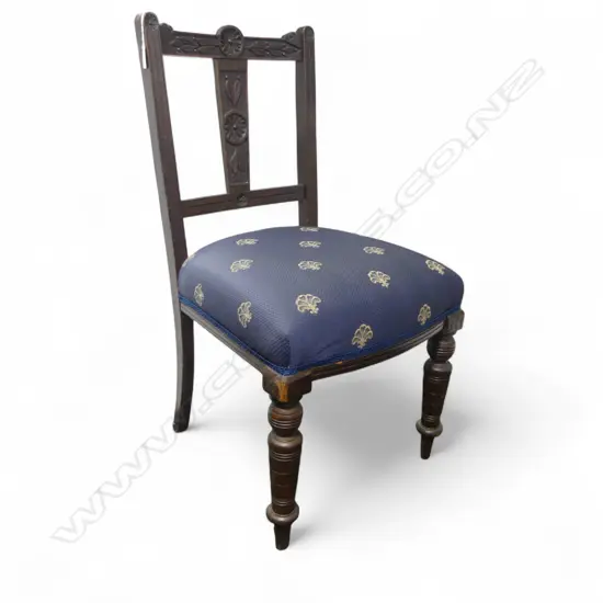 EDWARDIAN OAK CARVED BACKED HALL CHAIR DARK BLUE FABRIC SEAT H900 W460MM