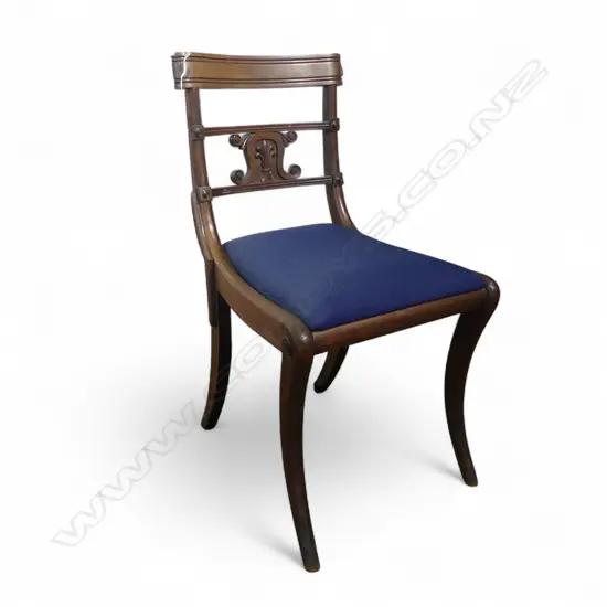 VICT CARVED BACKED ROSEWOOD HALL CHAIR DARK BLUE FABRIC SEAT H830 W440MM