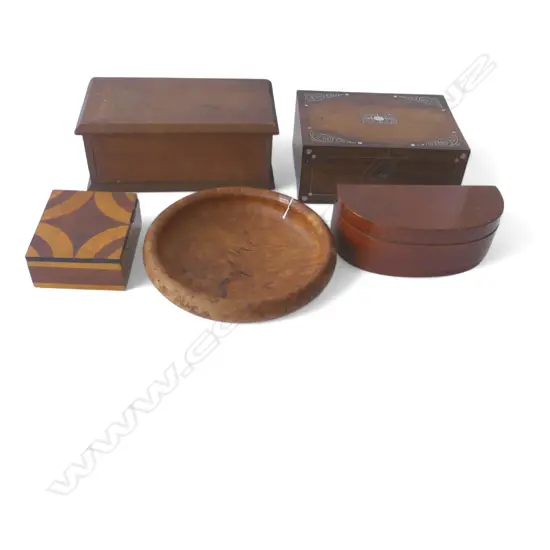 4 WOODEN BOXES W.335mm dia + OAK BURR BOWL 1995 290mm 