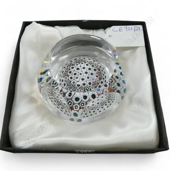 WHITEFRIARS FACETED ART GLASS PAPER WEIGHT, tiny chip 75mm dia 