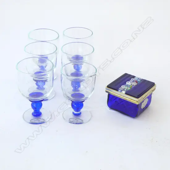 6 HOGLUND GLASS PORT GLASSES H.85mm + MURANO BLUE GLASS BOX 60x60x40mm