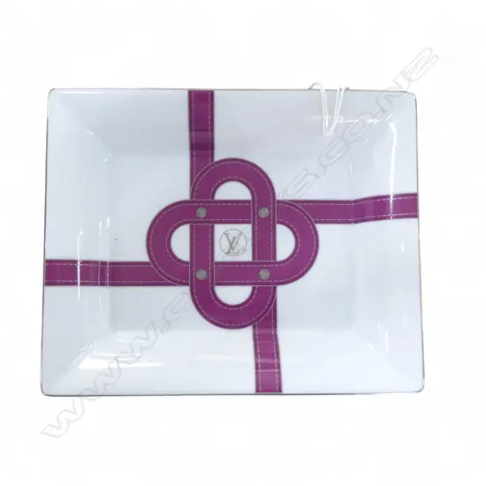 LOUIS VUITTON RECTANGULAR PORCELAIN DISH. with printed coloured decorative strapping. LV monogram & name. 190 x 155mm