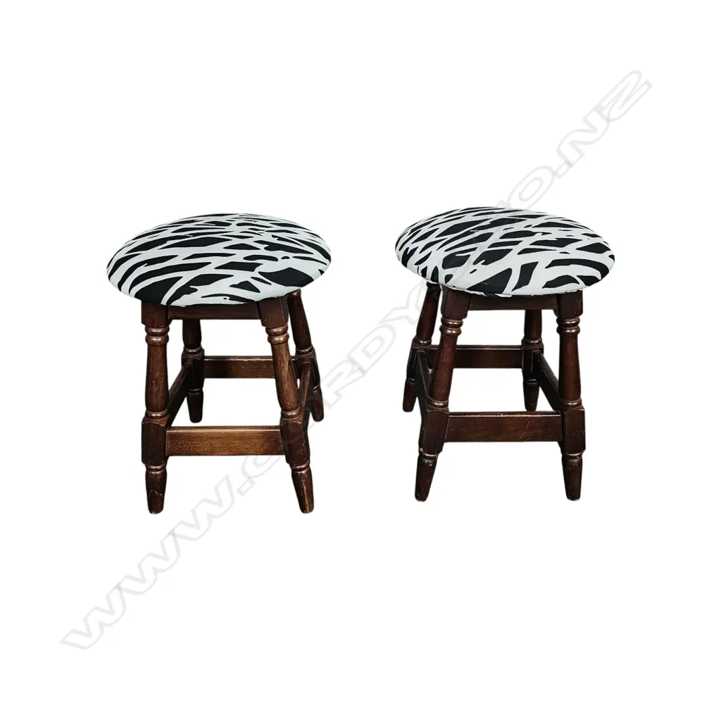HEAVY PAIR OF VINTAGE WOODEN STOOLS – DARK WOOD WITH MODERN UPHOLSTERED SEATS 500 x 400 mm Image 1++